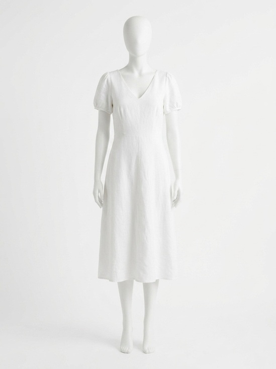 GAP Dresses & Skirts - Gap White Linen V-Neck Puff Sleeve Midi Dress - Size 6 - Summer Boho Cottage